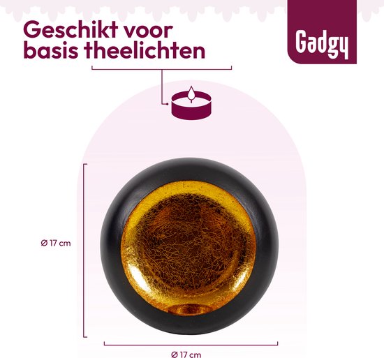 Gadgy Waxinelichthouder Rond - Theelichthouders - Kerst Decoratie Woonkamer - Sfeerverlichting Binnen - Kaarsenhouders voor Waxinelichten 17x17 cm - Windlicht Metaal - Zwart/Goud - Cadeau voor Vrouw