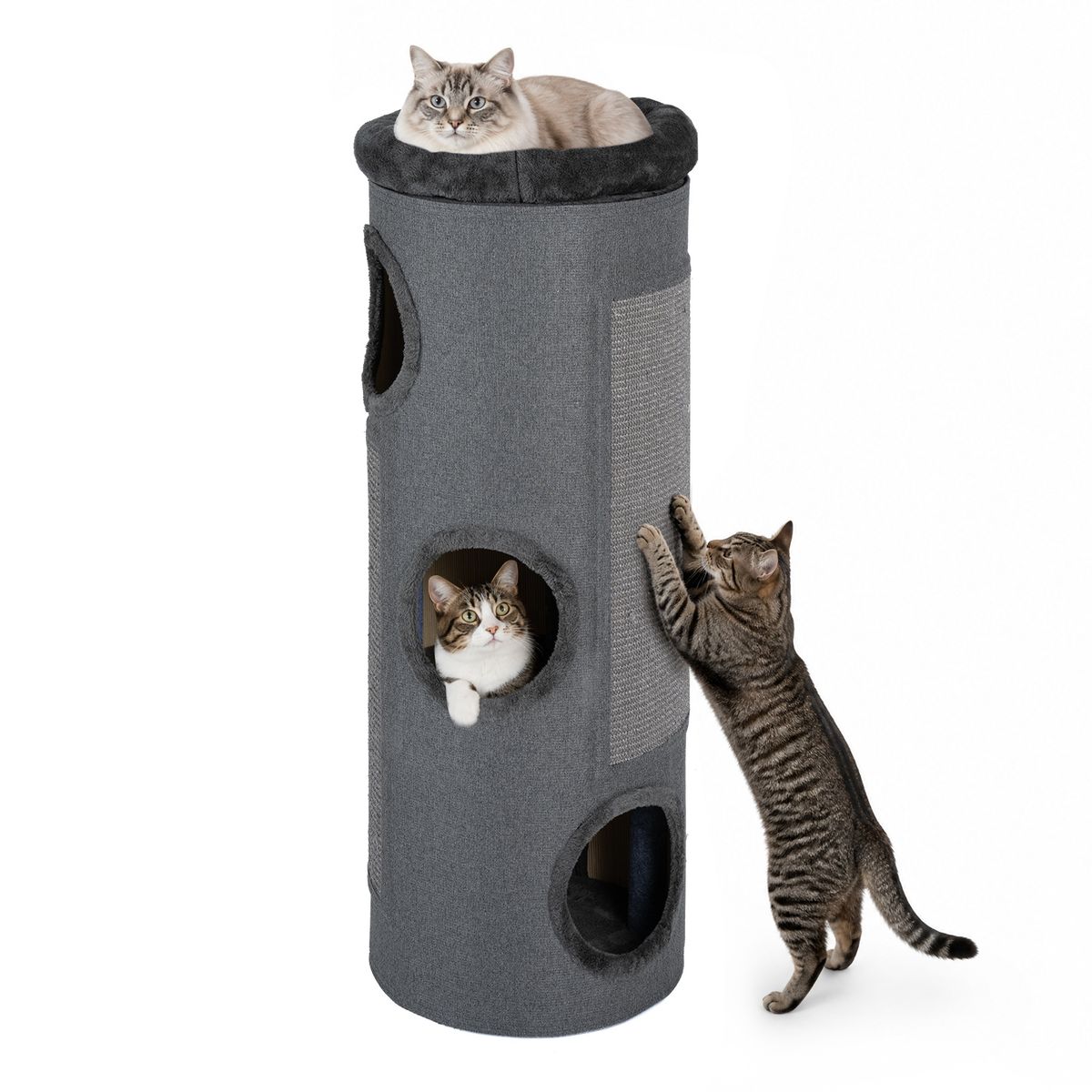 Coast Vierlaags Kattenhuis - tonvormig kattenmeubel - met sisal krabplank en pluchen bed - donkergrijs 43 x 43 x 113 cm