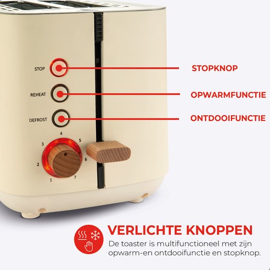 Bourgini Harmony Broodrooster - Echte Beukenhouten elementen - Toaster- Extra hoge broodlift en 2 brede brood sleuven - 7 warmteniveaus