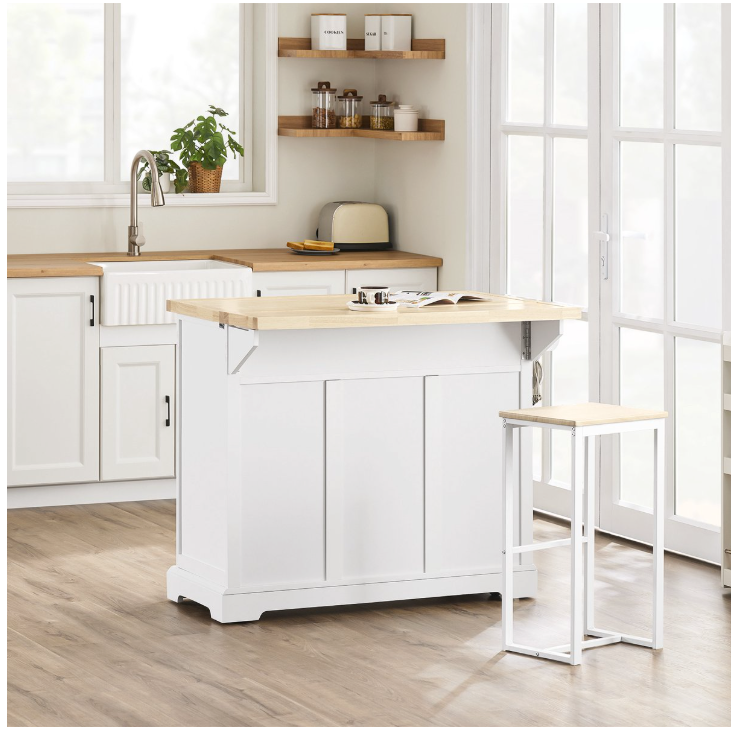 SoBuy – Keukeneiland & Keukentrolley FKW71-WN – 115x71x93 cm – Wit & Natuur Rubberwood – Uitbreidbaar Werkblad & Opbergkast – Verrijdbaar Keukenblok op Wielen – FKW71-WN