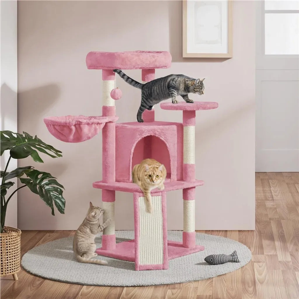 Yaheetech Krabpaal met Kattenhuis en Ligplatform - Lichtroze - 43,5 x 43,5 x 106 cm