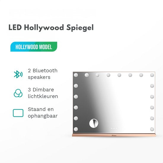 Mirlux Hollywood Spiegel 80x60CM - 2 Bluetooth Speakers - USB & USB-C oplaadpoorten - LED Verlichting - Make Up Spiegel - 10x Zoom - Ophangbaar - Rosé Goud