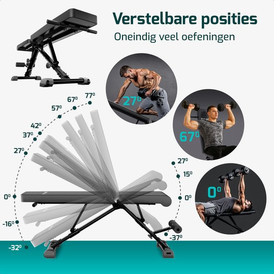 FITAGE Fitnessbank - Fitness Halterbank tot 300KG - Verstelbaar - Inklapbaar - Zwart
