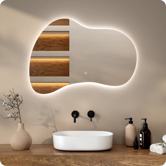Mirlux Badkamerspiegel met LED Verlichting & Verwarming – Wandspiegel Asymmetrisch – Anti Condens Douchespiegel - Frameloos - 100x70 cm
