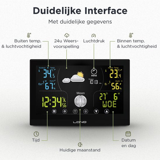 LONQ Weerstation Binnen en Buiten Q3 - Incl. Batterijen - Draadloos Weerstation met Buitensensor - Thermometer Hygrometer - Touchscreen Kleurendisplay - DCF Gestuurde Klok