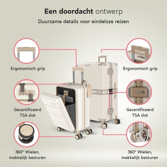 ONYX 2-delige Kofferset - Handbagage met voorvak en Check-in koffer - 35L/100 L - TSA slot - Lichtgewicht Trolley - Aluminium sluiting - Beige