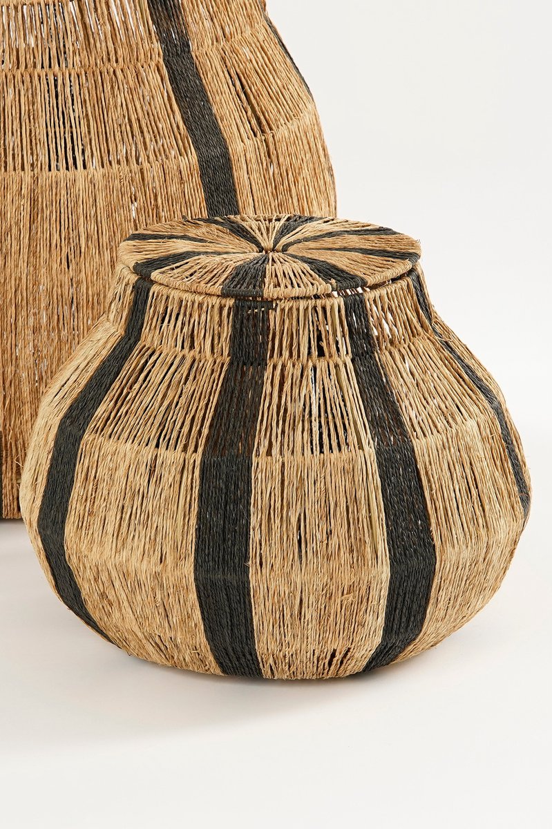 Mica Decorations Liliano Opbergmand met Deksel – Jute – Lichtbruin/Zwart – H33 x Ø36 cm – Opening Ø20,5 cm