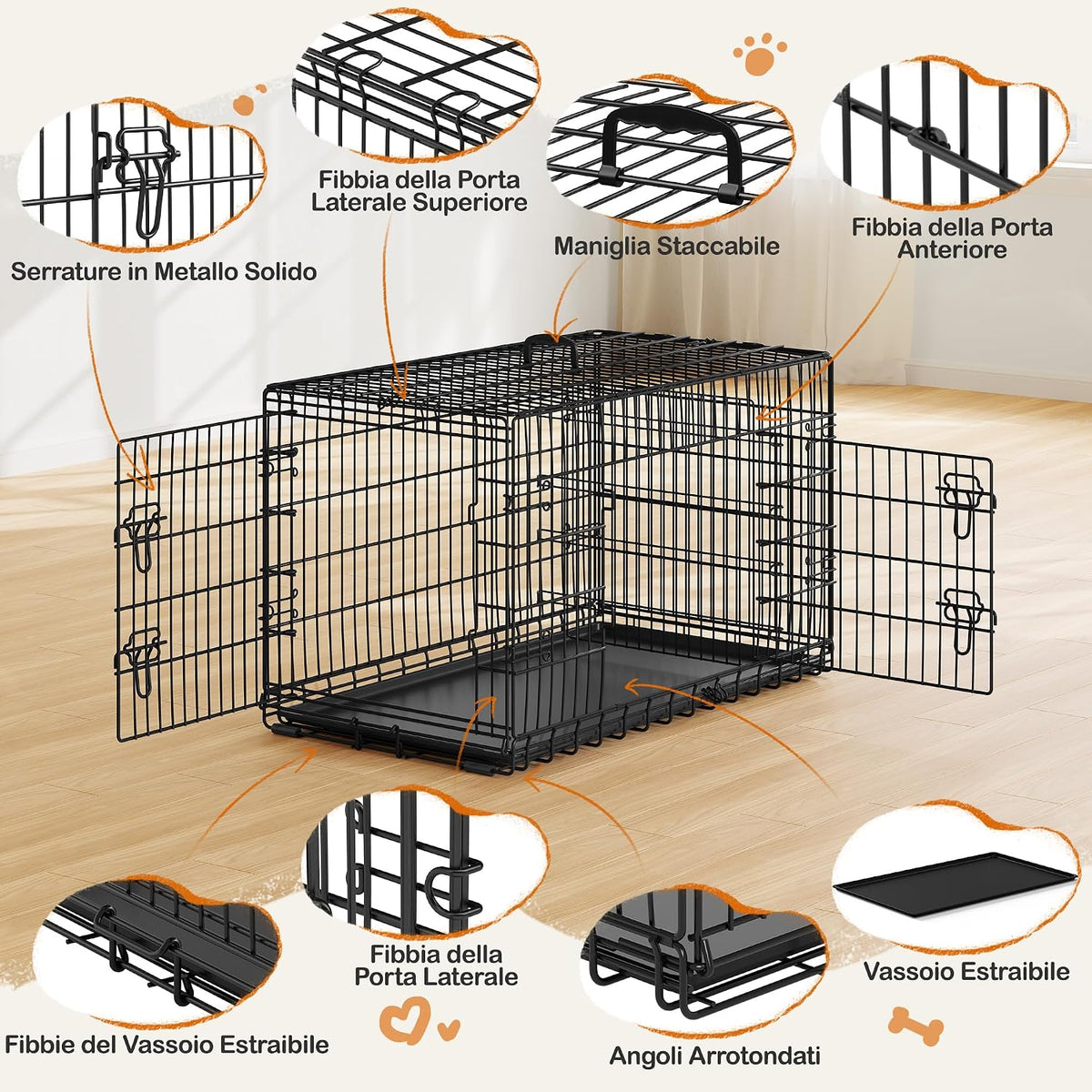Yaheetech Hondenbench Opvouwbaar - Zwart - 107 x 60 x 66 cm - Met Verdeler, Dubbele Deur