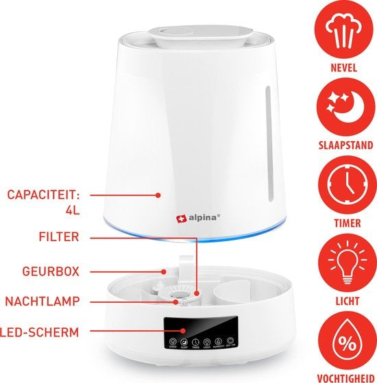 alpina Luchtbevochtiger 4L - Humidifier - Aroma Diffuser met Timer - Afstandsbediening - Wit