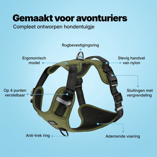 Jake en Jacky Hondentuigje - Anti-Trek Tuig - Hondenharnas - Y Tuig Hond - Reflecterend - Groen- Maat S
