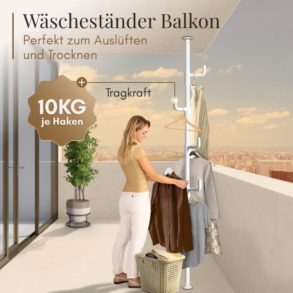 LOBUX® - Kapstok uitschuifbaar, 5 haken [wit, 110-310cm] - telescopische kapstok stabiel - ruimtebesparende metalen kapstok - valetstandaard slaapkamer - gangkapstok - kledingrek balkon