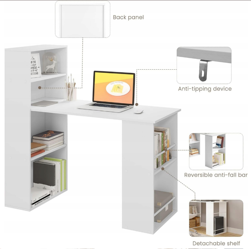 WOLTU Bureau 122 x 55 x 120 cm - Met 6 Planken - MDF - Wit