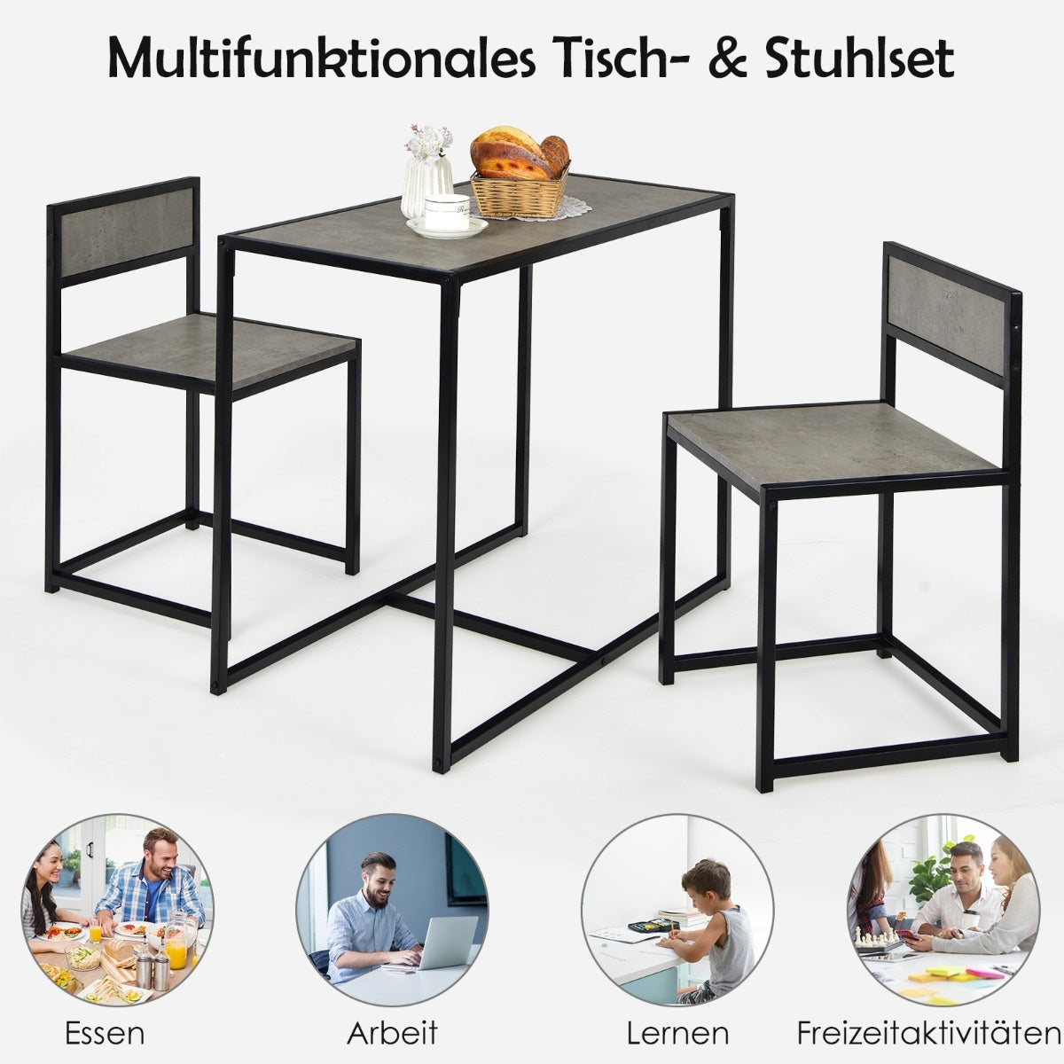Coast 3-Delige Keukentafel Set met Compacte Tafel & 2 Stoelen Houten Materialen + Metaal Grijs