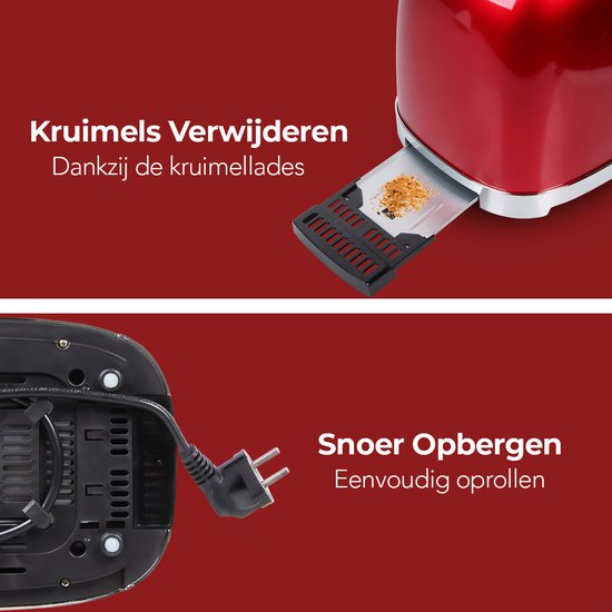 KitchenBrothers Retro Broodrooster - Toaster - 6 Warmteniveaus - 2 Extra Brede Sleuven - 815W - Rood