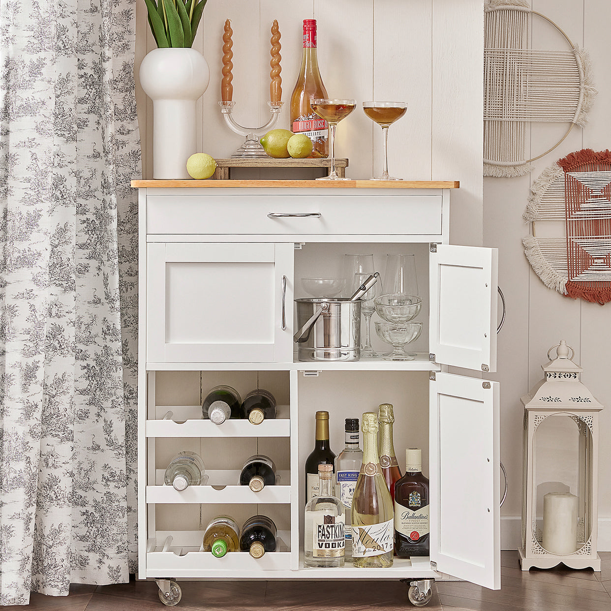SoBuy Keukenwagen met 1 lade, 3 deuren & 3 wijn opbergplanken - Max. 30KG - 67 x 87 x 37 cm - Wit