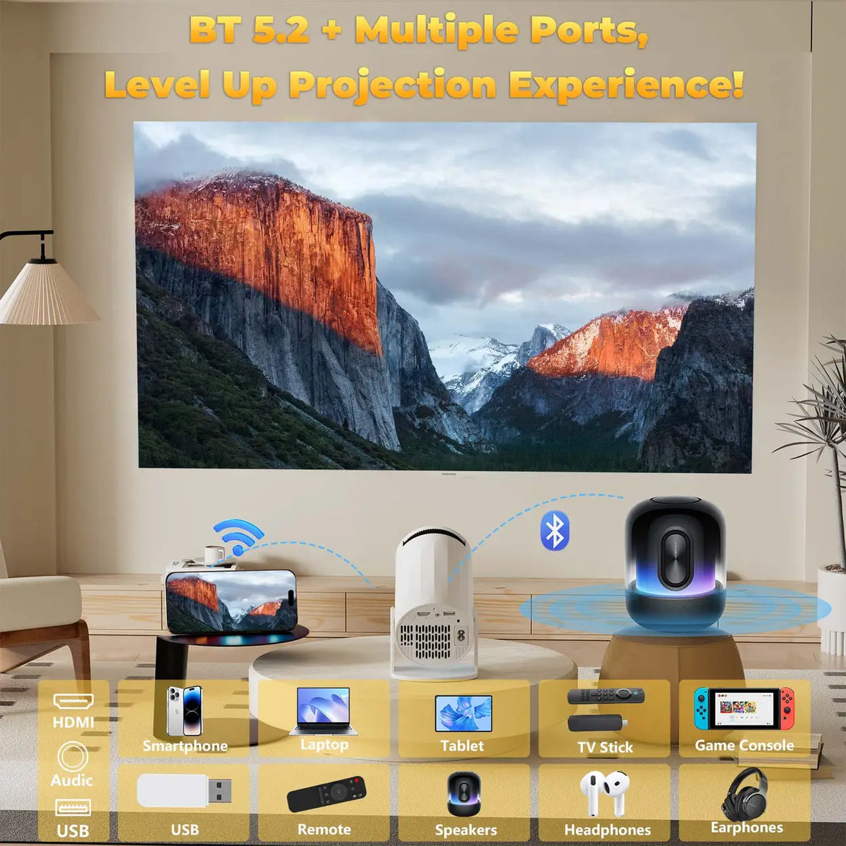 XBJ Draagbare Mini Beamer - Wifi 6 - Bluetooth 5.2 - Wit