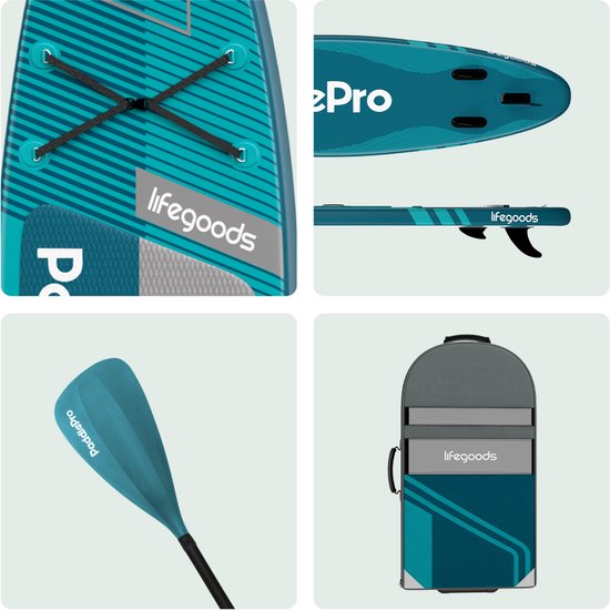 LifeGoods PaddlePro SUP Board Pro - Pro Set - Opblaasbaar Paddle Board - Max. 150KG - 320x81cm - Diep Aqua