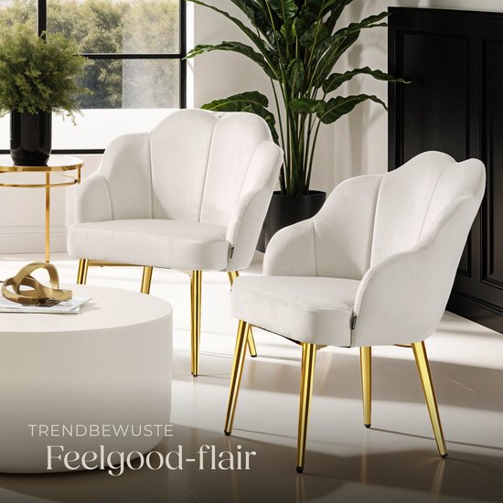 tectake® Cocktailstoel - Gestoffeerd met fluwelen bekleding - Zachte vulling - Gewelfde rugleuning - Stalen poten met poedercoating - Crème/Goud