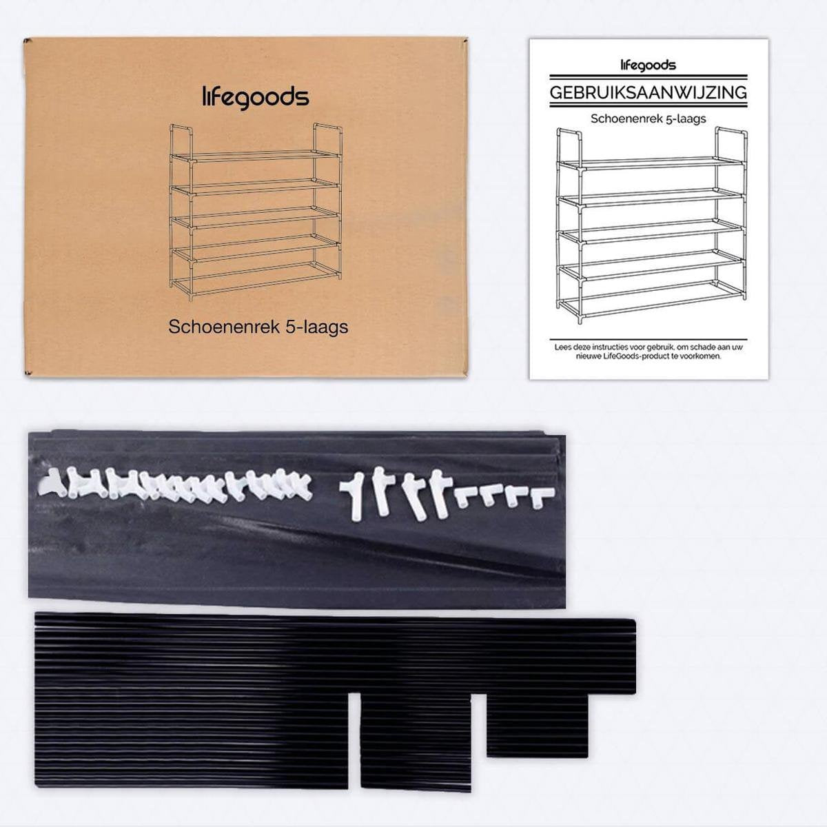 LifeGoods Schoenenrek - 5 Laags - Schoenenkast - Opbergsysteem 30 Paar Schoenen - Kunststof - Zwart