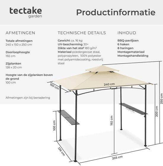 tectake® Barbecue Paviljoen - BBQ Overkapping - 240 x 150 x 250 cm - Tuinpaviljoen - Weerbestendig - UV-Bescherming - Dubbel Daksysteem - Gazebo met Ophanghaken, Roosterplanken en Flesopener - Grillpaviljoen - Zandkleur