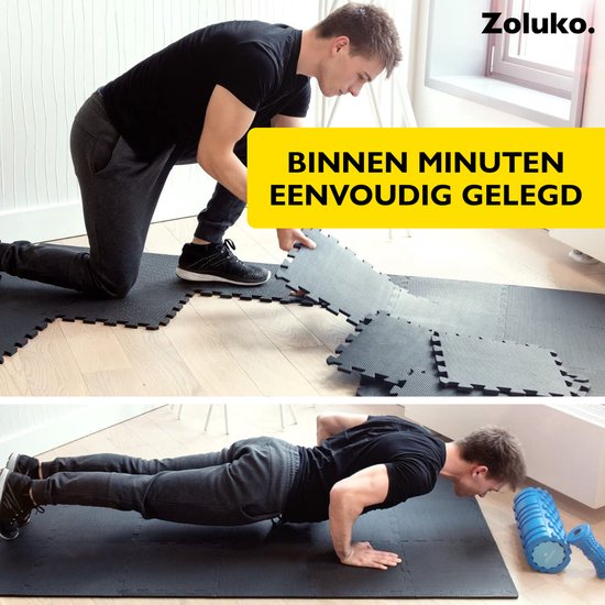 Zoluko Puzzelmat - 60x60x1.2 cm - 12 stuks - 4.32m² - Puzzel Mat - Puzzelmatten - Speelmat Foam - Baby speelmat - Foam Tegels - Rubber Tegels - zwembad tegels - zwembadtegels - Vloertegels - fitnessmat - fitness mat - Yoga Mat - Thuis Sporten – Zwart