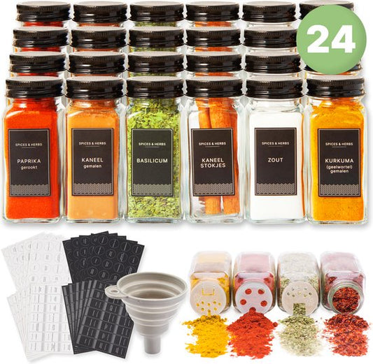 S.old - 24 Glazen Kruidenpotjes vierkant met Deksel Zwart - Kruidenstrooier - Complete set met Strooideksels, Voorbedrukte Stickers en Trechter - Inhoud 120 ml - 10,5 x 4,3 cm