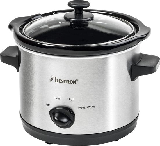 Bestron Slowcooker, met 3 programma's, keramische pan & glazen deksel, voor 2 Personen, 1,5L capaciteit, vatwasserveilig, 120 Watt, kleur: zilver