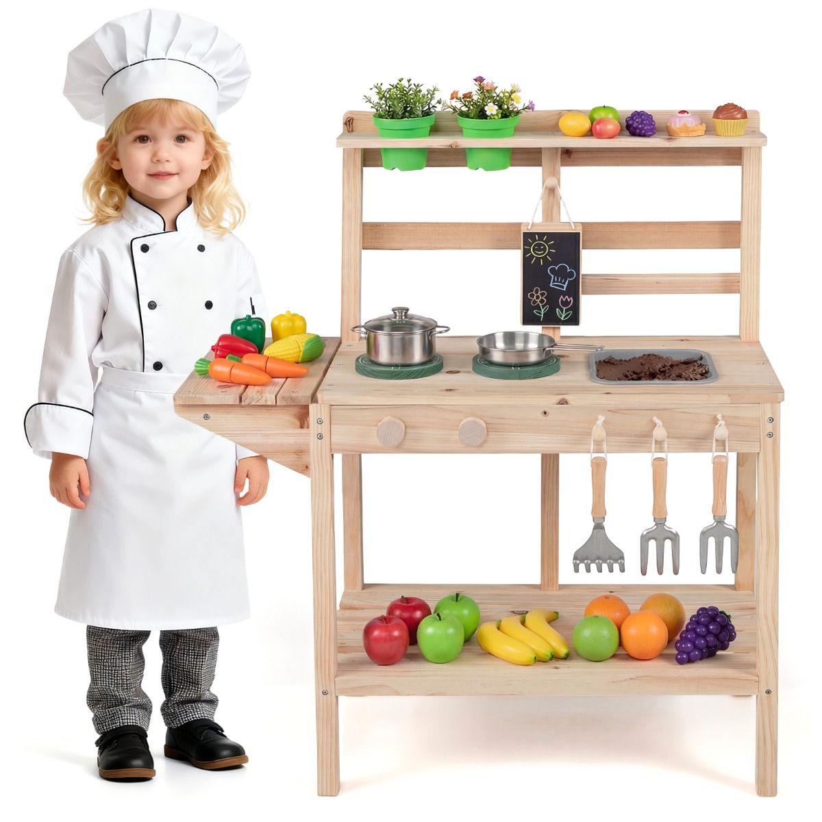 Coast Houten Speelkeuken voor Kinderen - met fornuis en gootsteen - krijtbord en bloempotten - naturel