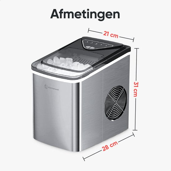 Kitchenwell IJsblokjesmaker – Voorzien Van 2L Watertank En 2 IJsblokjesopties En Rvs Behuizing – Voor Cocktails En Frisdranken – Grijs Roestvrij Staal – 12 kg per 24 Uur