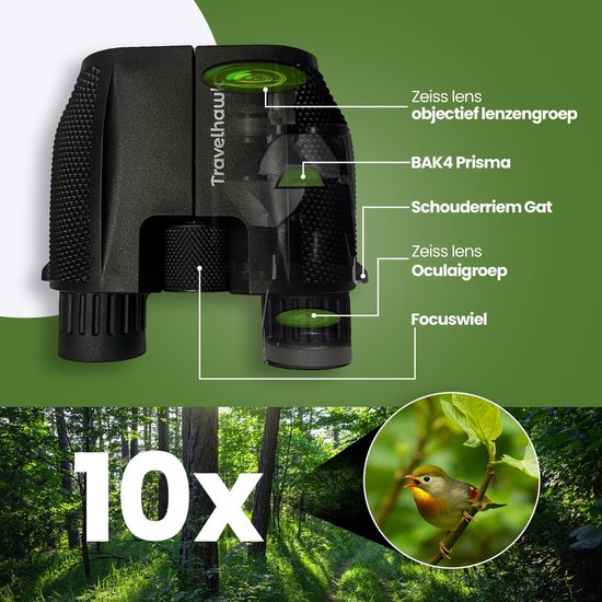 TravelHawk Verrekijker - 10x25 - BAK4 - Full Multi-Coated (FMC) - Compacte verrekijker - Waterdicht - Met nekkoord, draagtas - voor vogels kijken, jagen, theater - Zwart