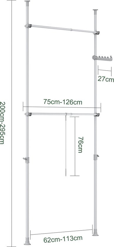 SoBuy Telescoop Kledingrek - Verstelbaar Opbergsysteem - Klerenrailsysteem - B(75–126) × H(200–295) cm, Grijs FRG109-II-HG