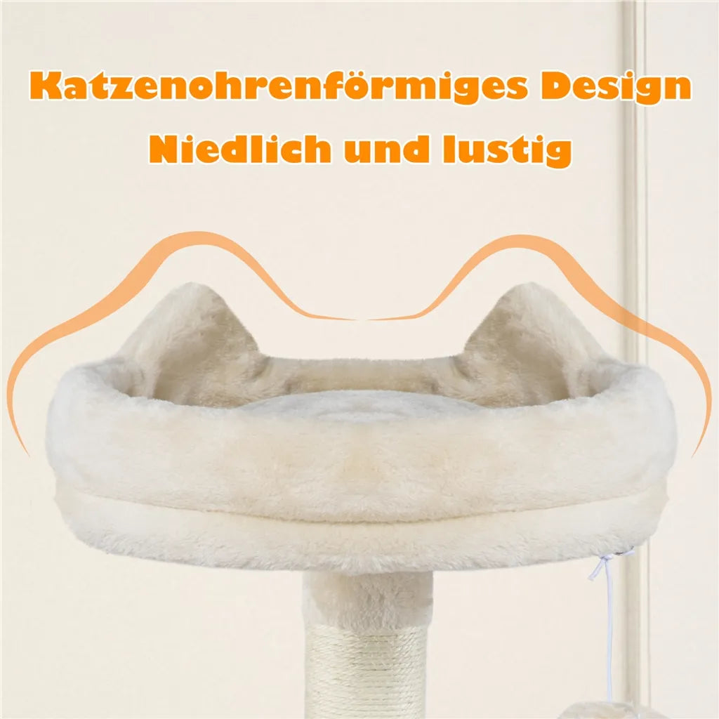 Yaheetech Krabpaal Beige – 158 cm Hoog – Met 2 Platforms, 2 Kattenhuisjes en 5 Sisal Krabpalen