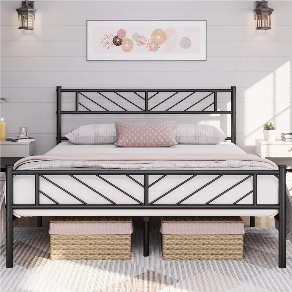 Yaheetech Metalen Bedframe 140 x 200 cm - Zwart - Tweepersoonsbed met Lattenbodem en Hoog Hoofdbord