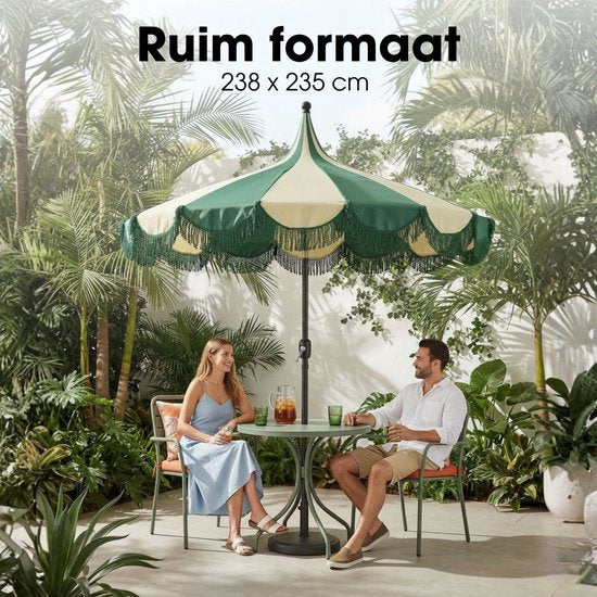 Mica Decorations Kim Gestreepte Parasol met Draagtas - Stokparasol 238 x Ø235 cm - Tuin of Balkonparasol - Polyester, Staal - Donkergroen