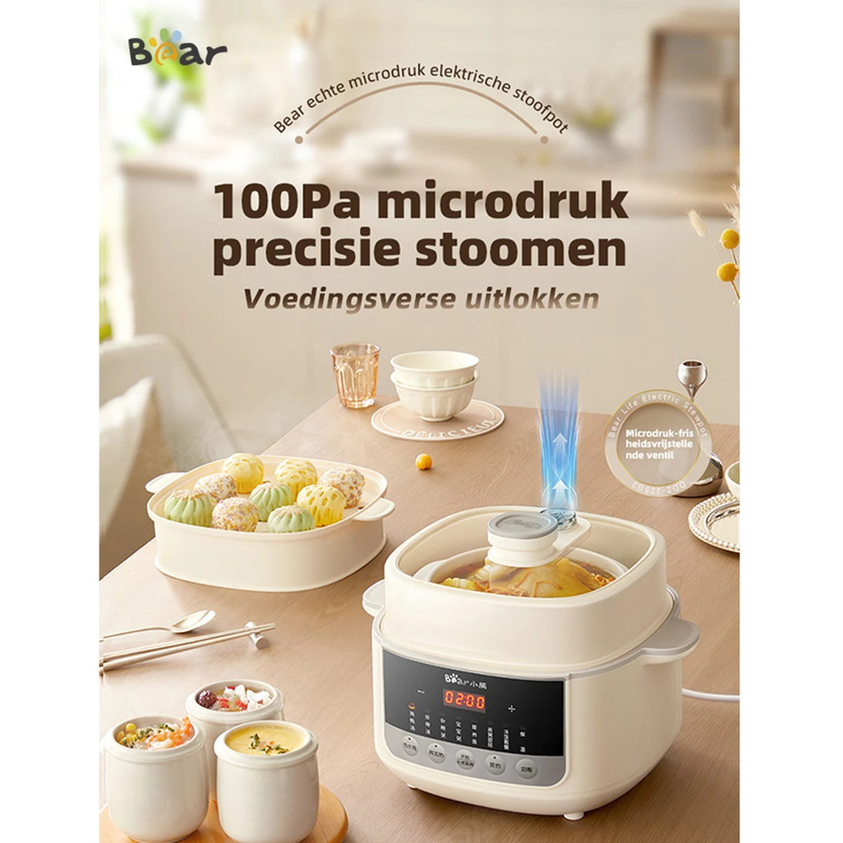 Bear Elektrische Stoompan 2,5L met Stoommandje en Glazen Deksel – 32,8 × 27,1 × 31 cm