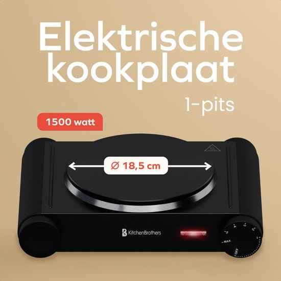 KitchenBrothers Elektrische Kookplaat - 1 Pits - Vrijstaand - 7 temperatuurstanden - 1500W - Zwart
