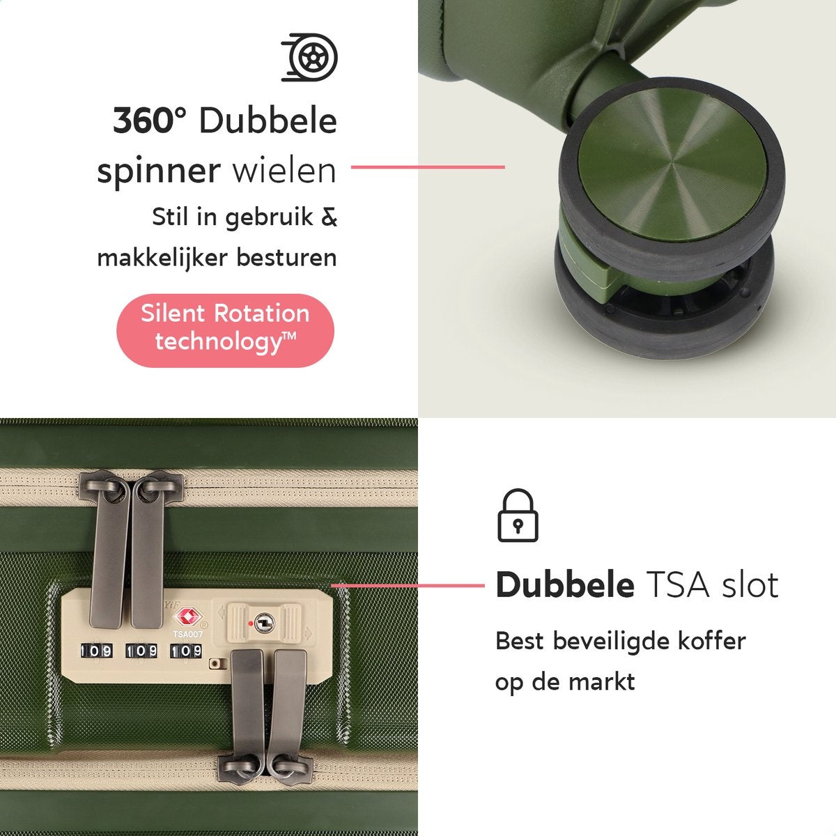 ONYX® Handbagage Koffer 35 L - Spinner wielen - Lichtgewicht Trolley - Dubbel TSA Slot - Handig voorvak - 55 cm - Olive