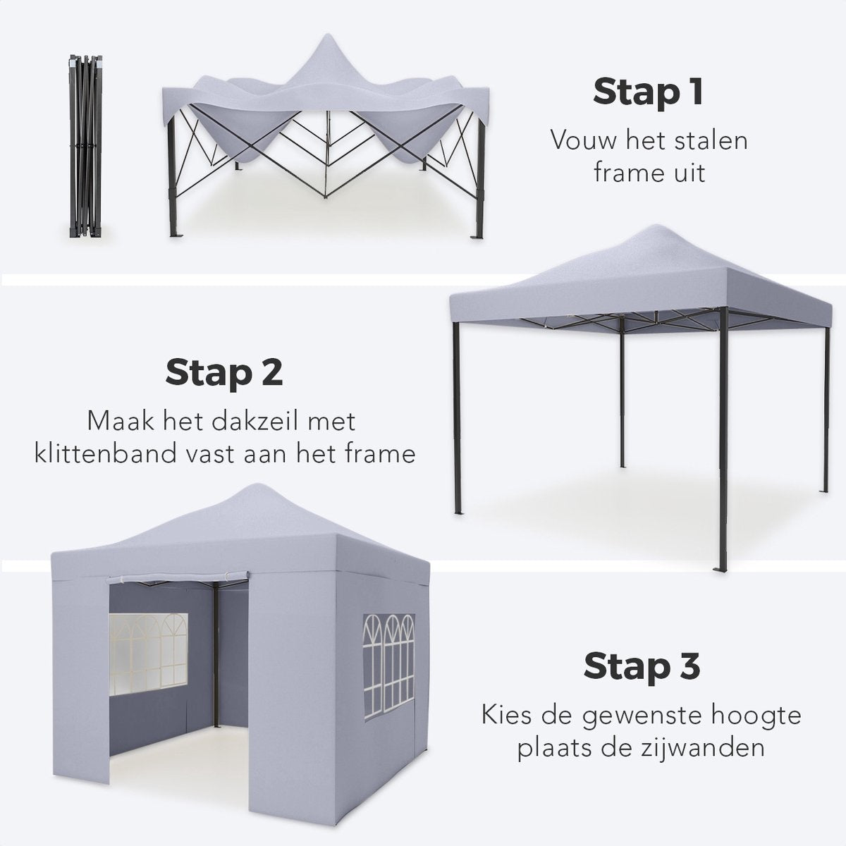 LifeGoods Partytent - Paviljoen - EasyUp - Opvouwbaar - 4 Zijwanden - Waterdicht - Met Draagtas met wieltjes - 292 x 292 cm - Donkergrijs
