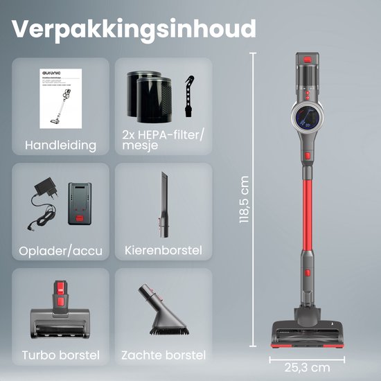 Auronic Steelstofzuiger - Draadloos - Zelfstaande Stofzuiger - Zonder Zak - 350W - Vacuum Cleaner - Grijs/Rood