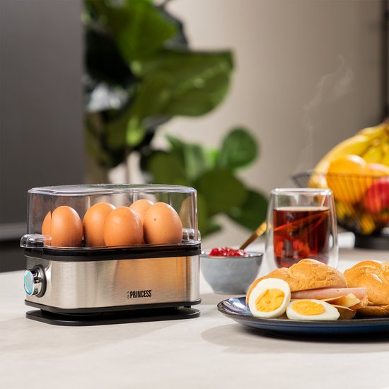 Princess Eierkoker 262046 – voor 1 tot 6 eitjes – 400 W - RVS - Hard, Zacht en Medium gekookt - Timer - Inclusief maatbeker en eierprikker