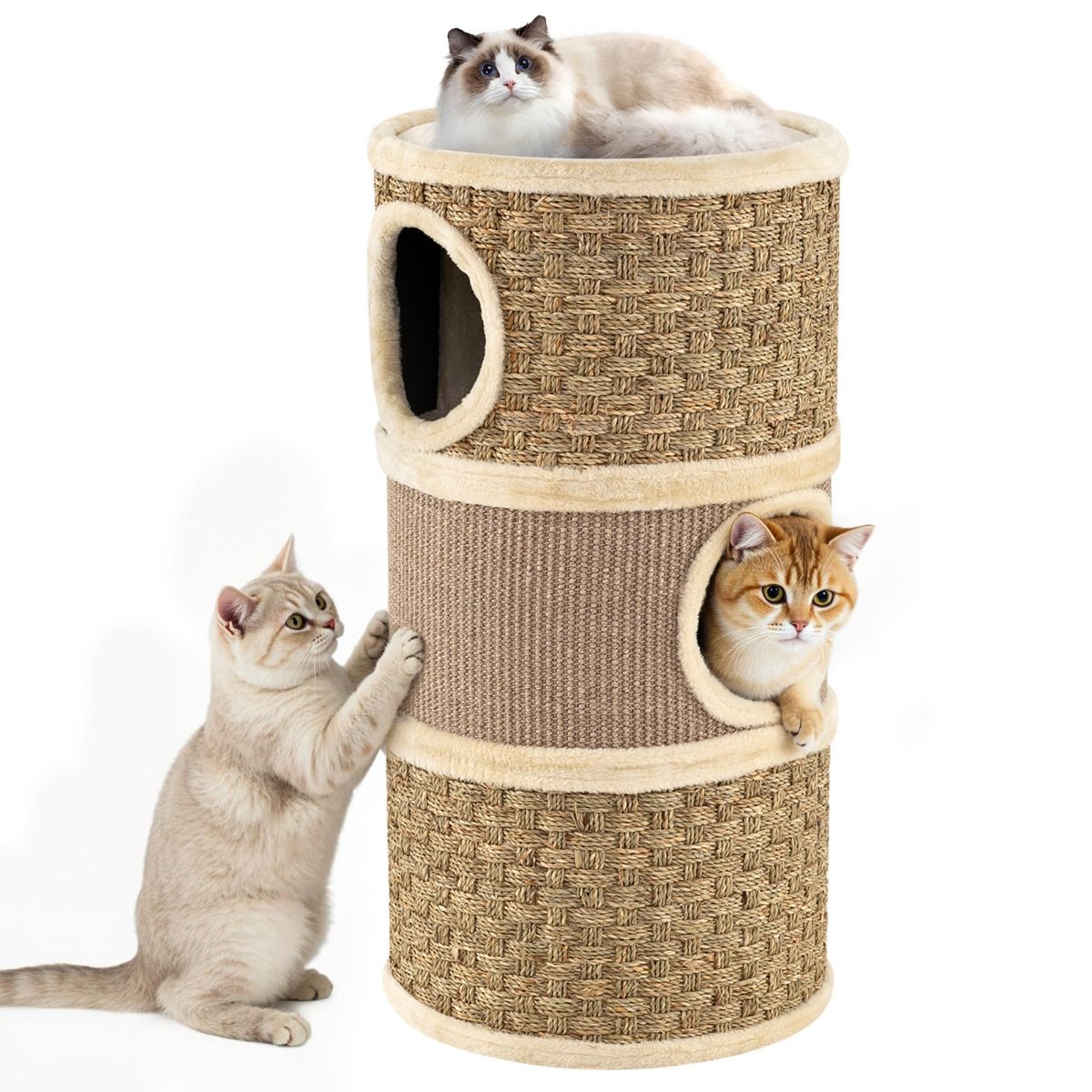 Coast Kattentoren met 3 verdiepingen - sisal krabpaal - knusse slaapplaatsen - kaki en bruin - 36 x 36 x 70 cm
