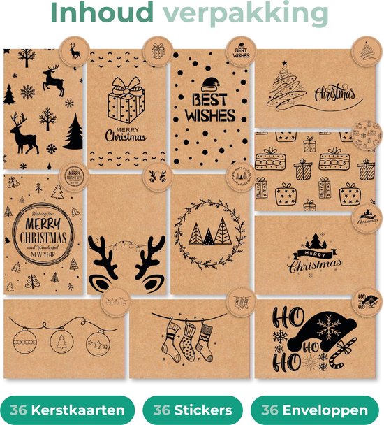 Giftmas Kerst Collectie – Wenskaarten & Kerstkaarten Set – 36 Groetenkaarten met 12 Designs – Inclusief Enveloppen en Stickers – Kraft Papier Kaartenset Voor Feestdagen - 20x15cm
