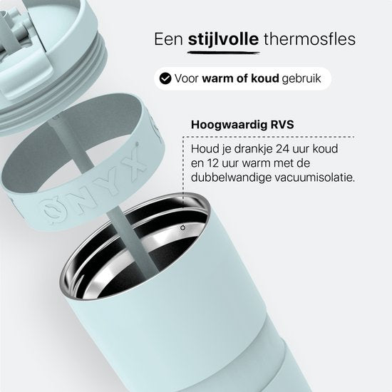 ONYX Drinkfles met Rietje 700ML - Waterfles voor Kinderen & Volwassenen - Thermosbeker RVS Travel Mug - Motiverende Drinkbus - Drinkbeker voor School - Pastel Blue