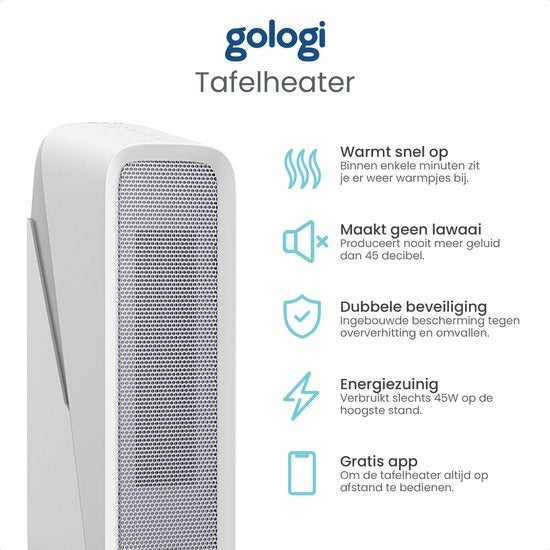 Gologi ventilatorkachel met thermostaat - Kachel elektrisch - Verwarming - Heater - Werkt met app en touch bediening - 1500W