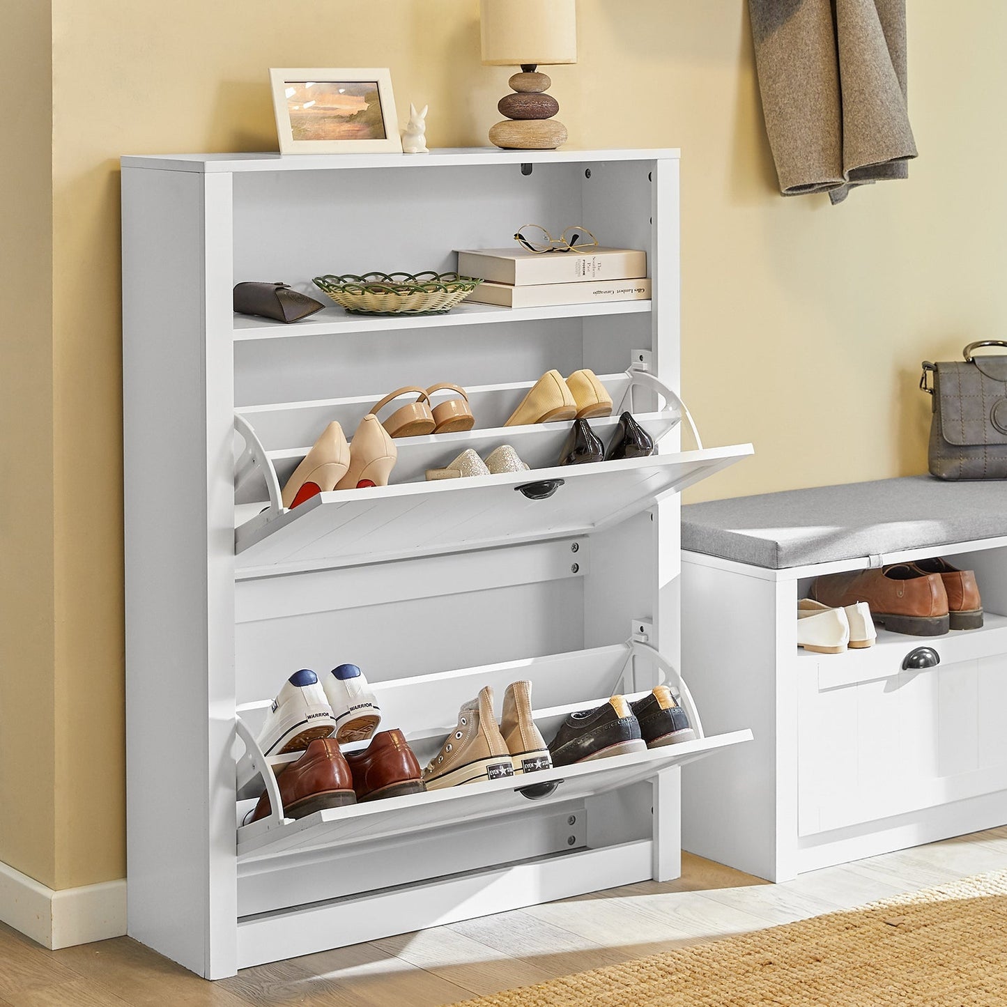 SoBuy Schoenenkast met 2 Kleppen - Max. 50 kg - MDF - 80 x 24 x 110 cm - Wit