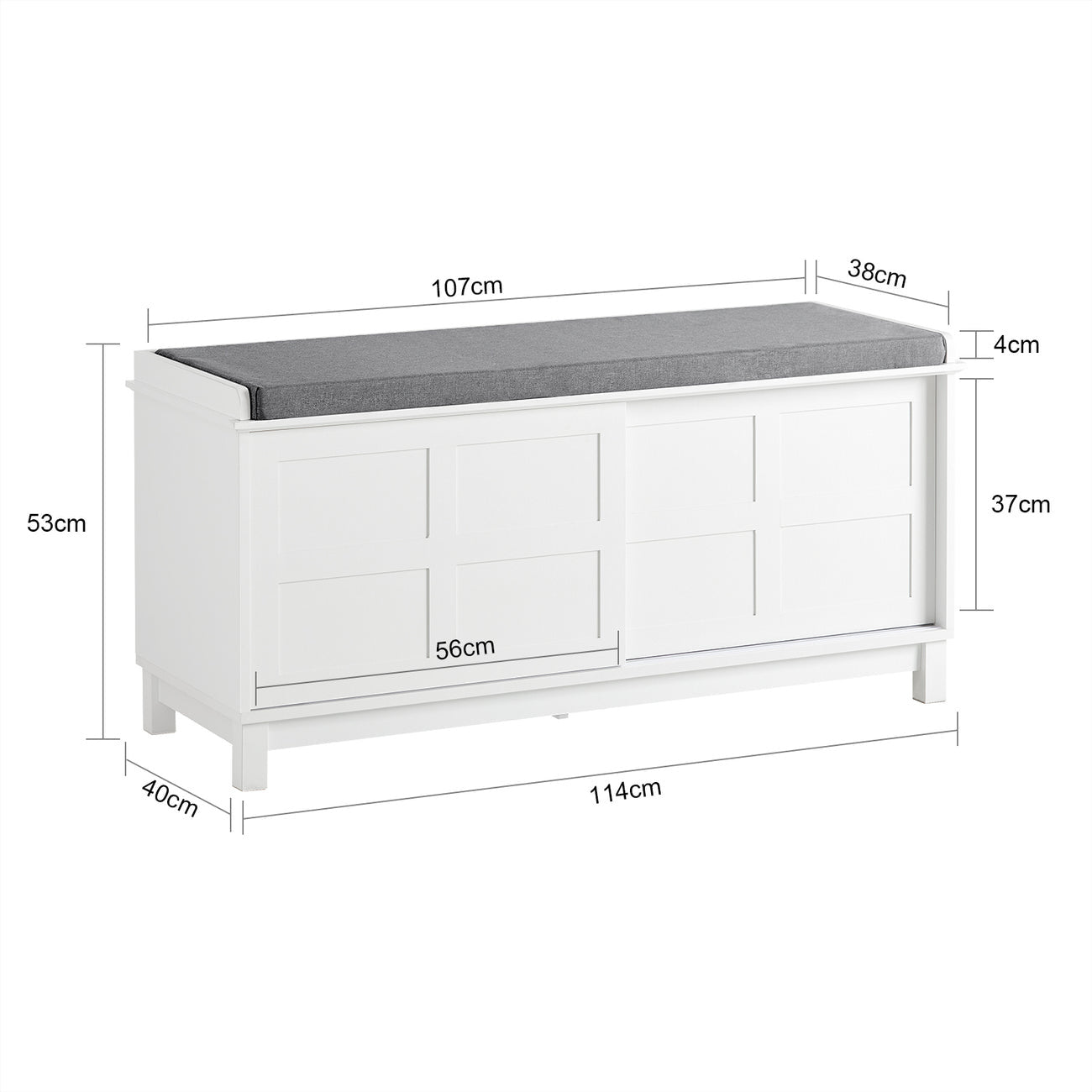 SoBuy Opbergbank met Zitkussen en Schuifdeuren – Schoenenkast voor Hal – Wit/Grijs – 114×40×53 cm
