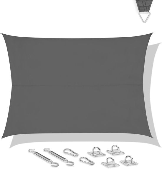 VONROC schaduwdoek rechthoek - 400x300 cm - grijs - waterafstotend - UV-bescherming UPF 50+ - incl. RVS bevestigingsset