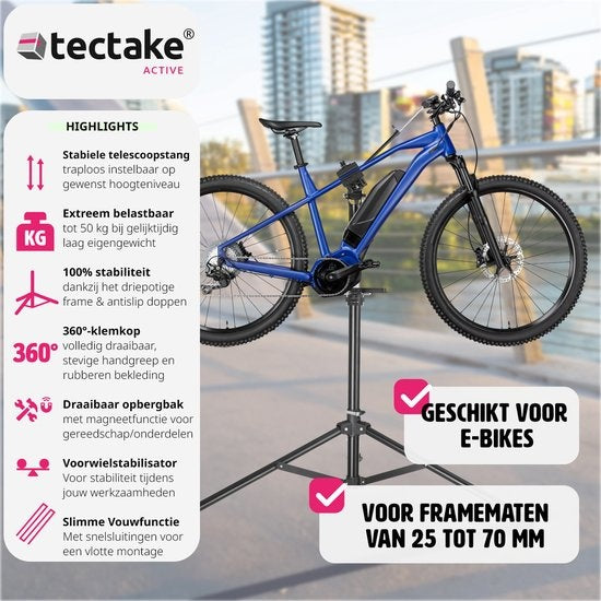 tectake® - Fiets reparatiestandaard Tristan - Snelsluitingen - Klemkop - 360° Draaibaar - In hoogte verstelbaar - Max. 50kg. - Montagestandaard - Geschikt voor e-bikes electrische fiets - 404920