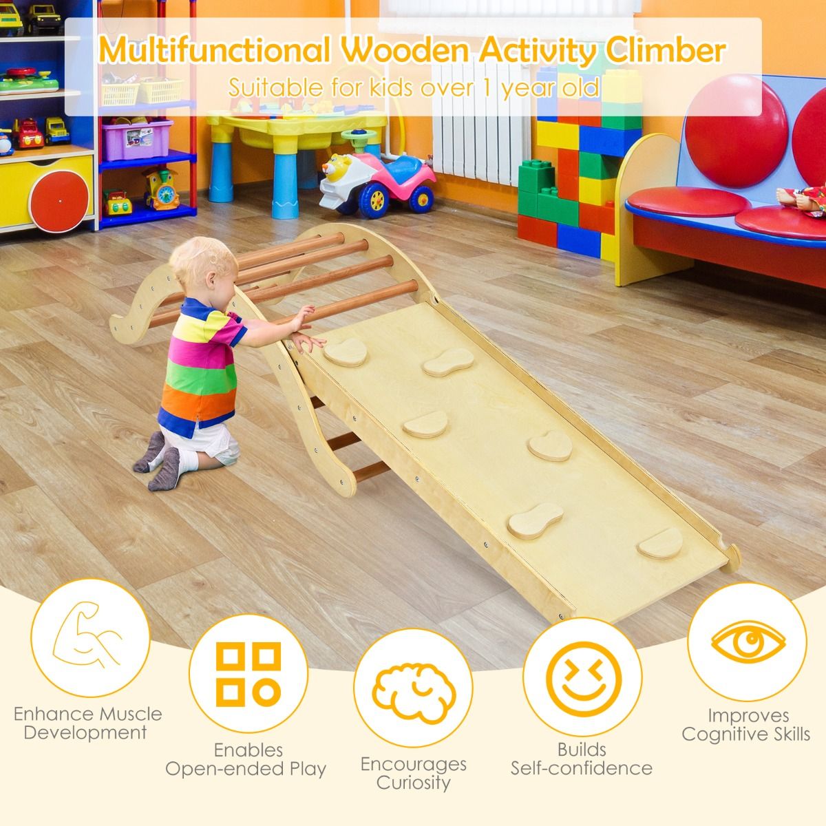 Coast 3-in-1 Klimladder Set voor Kinderen - Boog met Klimhelling en Schommelstoel - naturel + blauw
