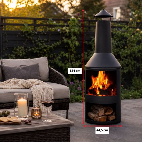 BBQ Collection Buitenhaard met Schoorsteen - Tuinhaard 134 x 44,5 x 44,5 cm - Terrashaard voor Brandhout - Terraskachel met As-Opvangbak, Pook en Houtopslag - Tuin en Terras - Carbon Staal